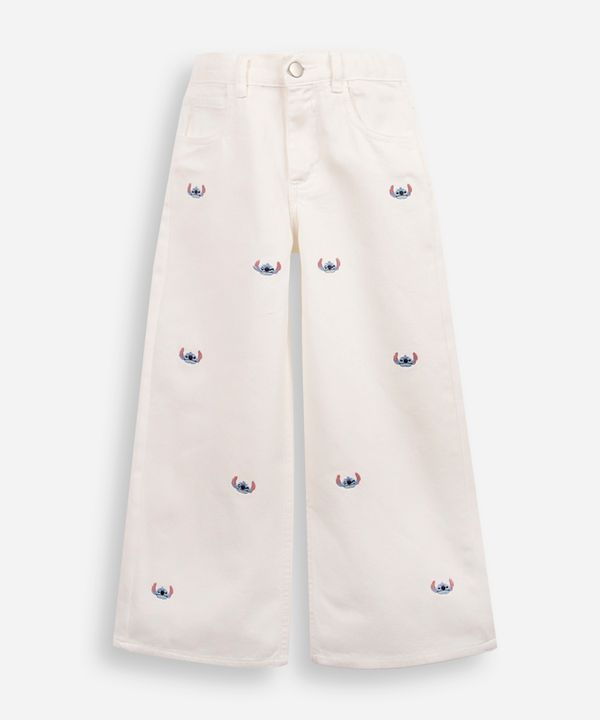 calça wide leg infantil de sarja bordados stitch off white 12