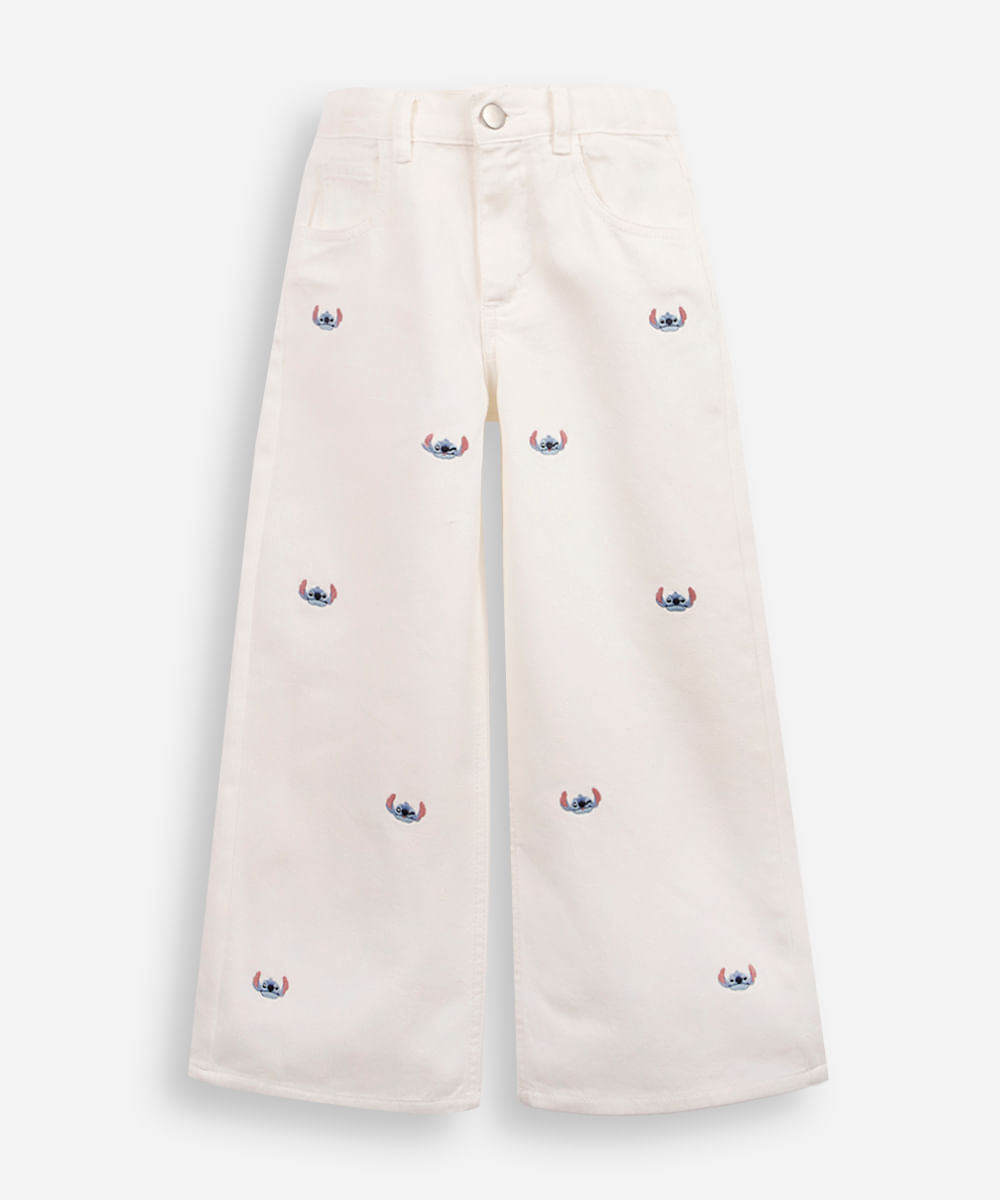 calça wide leg infantil de sarja bordados stitch off white