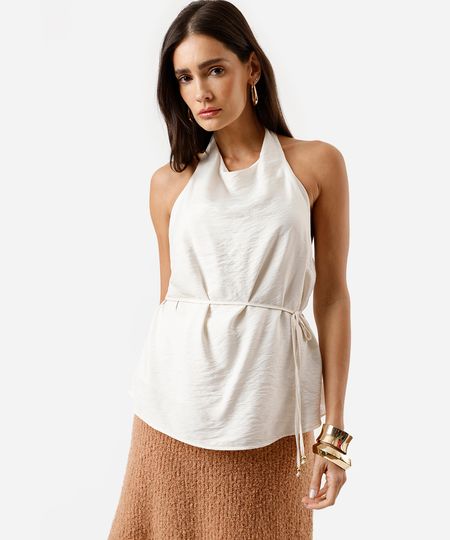 blusa frente única feminina com viscose com amarração texturizada bege M blusa frente única feminina com viscose com amarração texturizada bege M