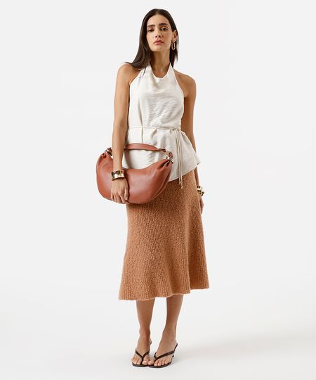 saia midi feminina de tricot texturizada marrom M saia midi feminina de tricot texturizada marrom M