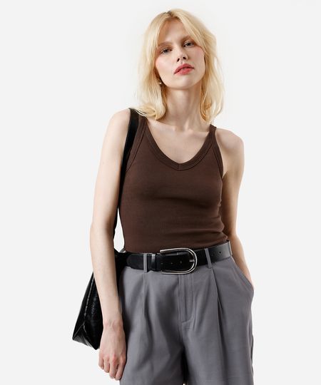 regata básica feminina canelada marrom P regata básica feminina canelada marrom P