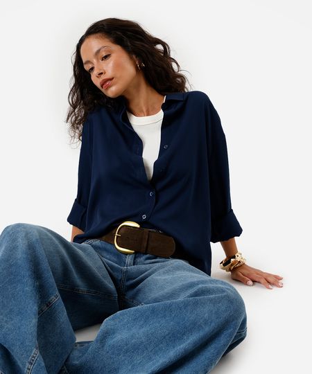 camisa feminina de viscose manga texturizada oversized azul PP