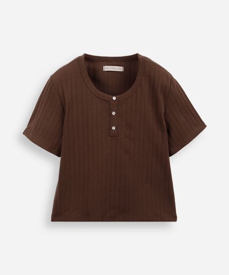 blusa juvenil de algodão com botões canelada marrom 10