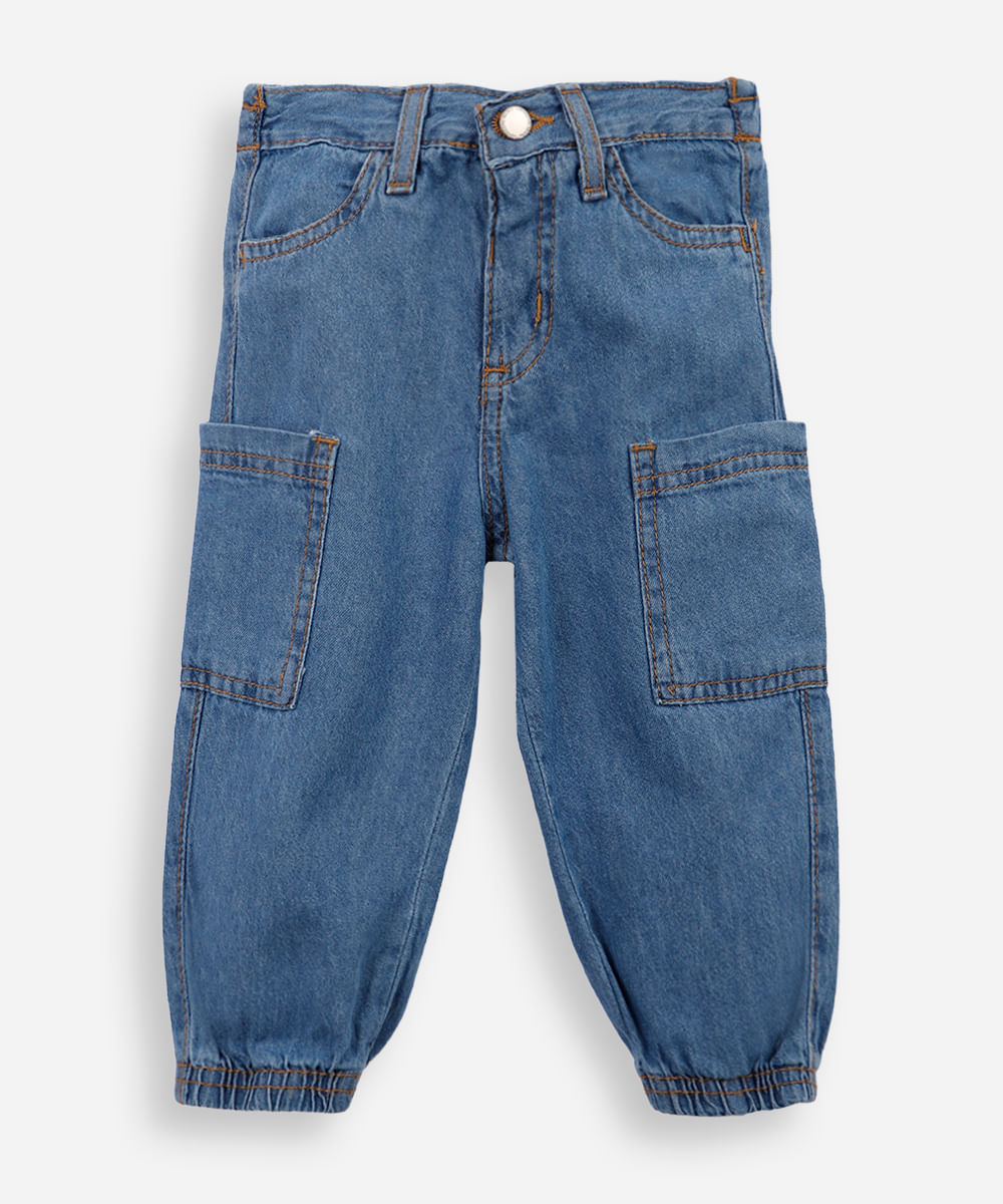 calça infantil jeans leve cargo com elástico azul
