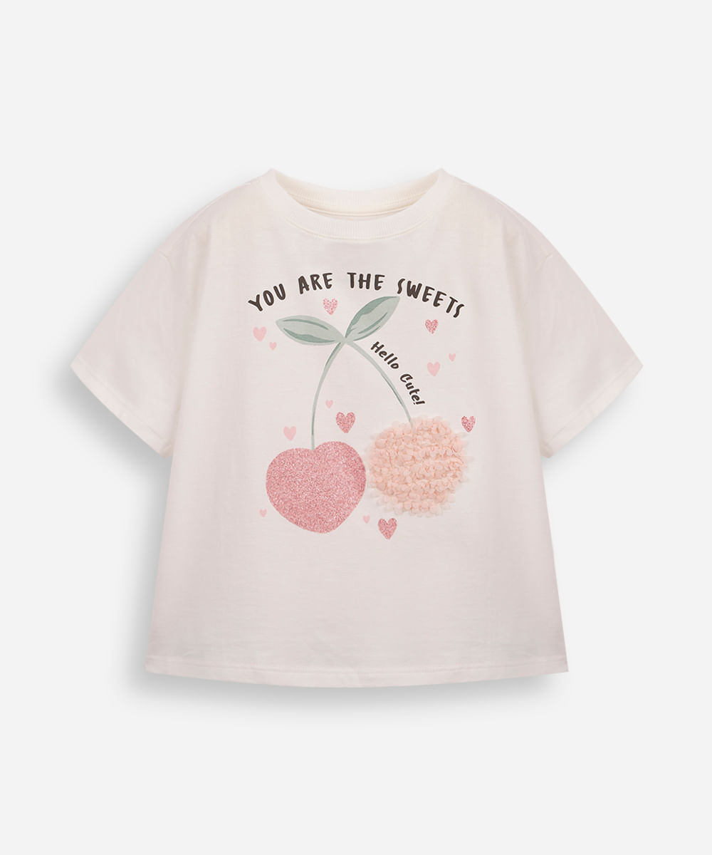 camiseta infantil de algodão cerejas com glitter texturizada off white