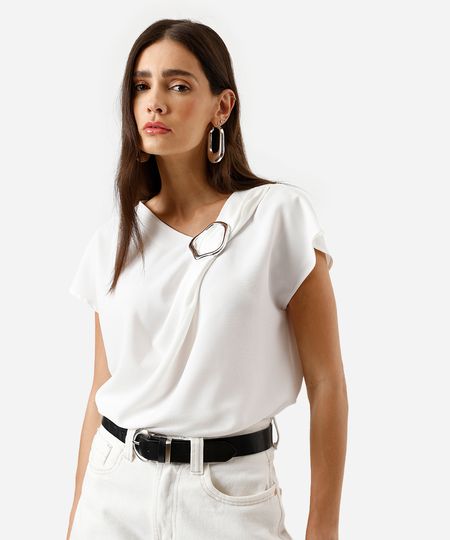blusa feminina com pregas com fivela orgânica off white P blusa feminina com pregas com fivela orgânica off white P