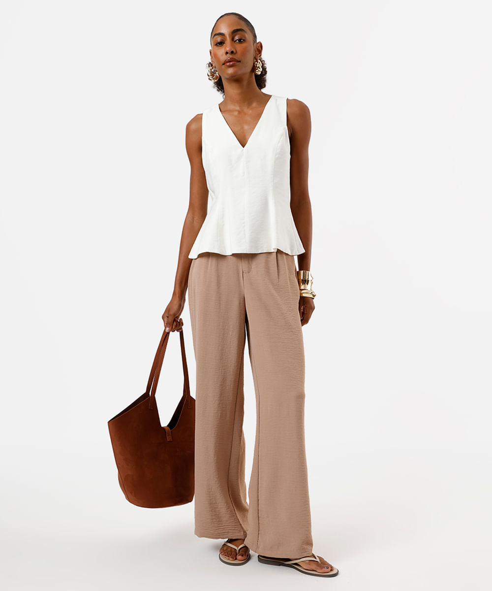 calça wide leg feminina cós elástico texturizada bege
