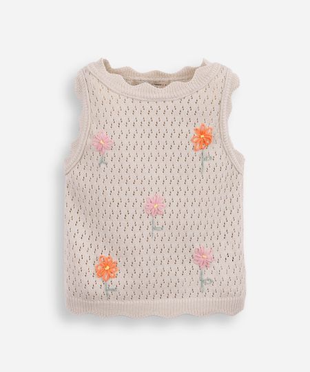 regata infantil de tricot bordado floral bege 1