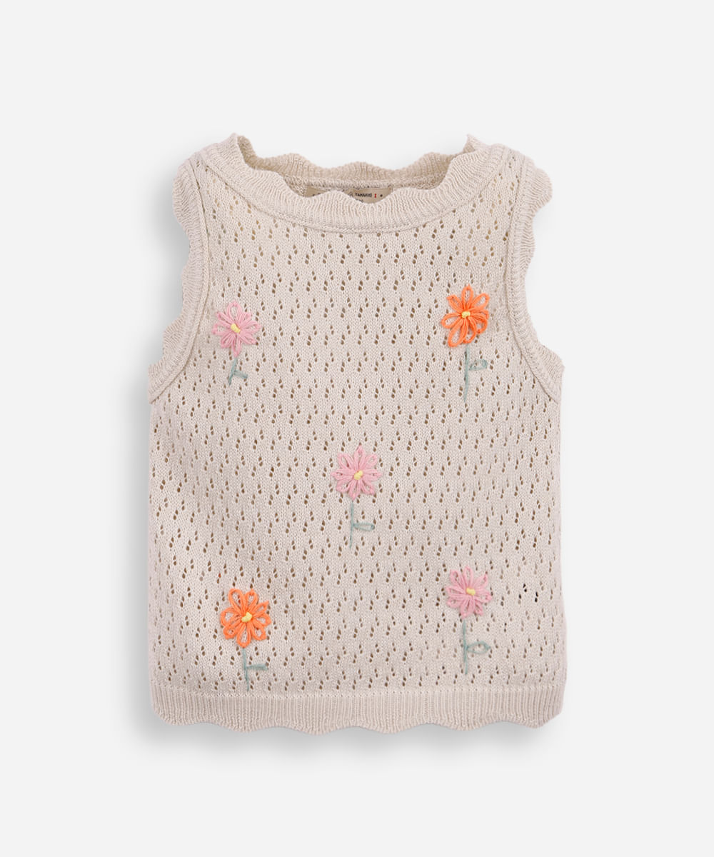 regata infantil de tricot bordado floral bege