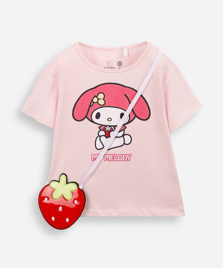 camiseta infantil de algodão my melody hello kitty com bolsa rosa 6 camiseta infantil de algodão my melody hello kitty com bolsa rosa 6