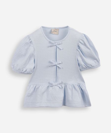 blusa de algodão infantil com lacinho texturizada azul 12 blusa de algodão infantil com lacinho texturizada azul 12