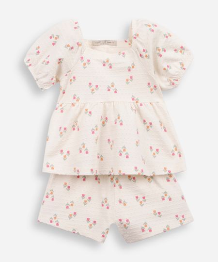 conjunto curto infantil manga bufante floral off white 1