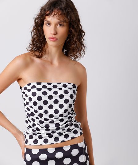 blusa feminina sem alça poá franzida mindset off white G blusa feminina sem alça poá franzida mindset off white G