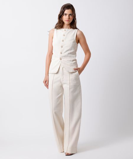 calça wide leg feminina de sarja com nervuras mindset off white 36