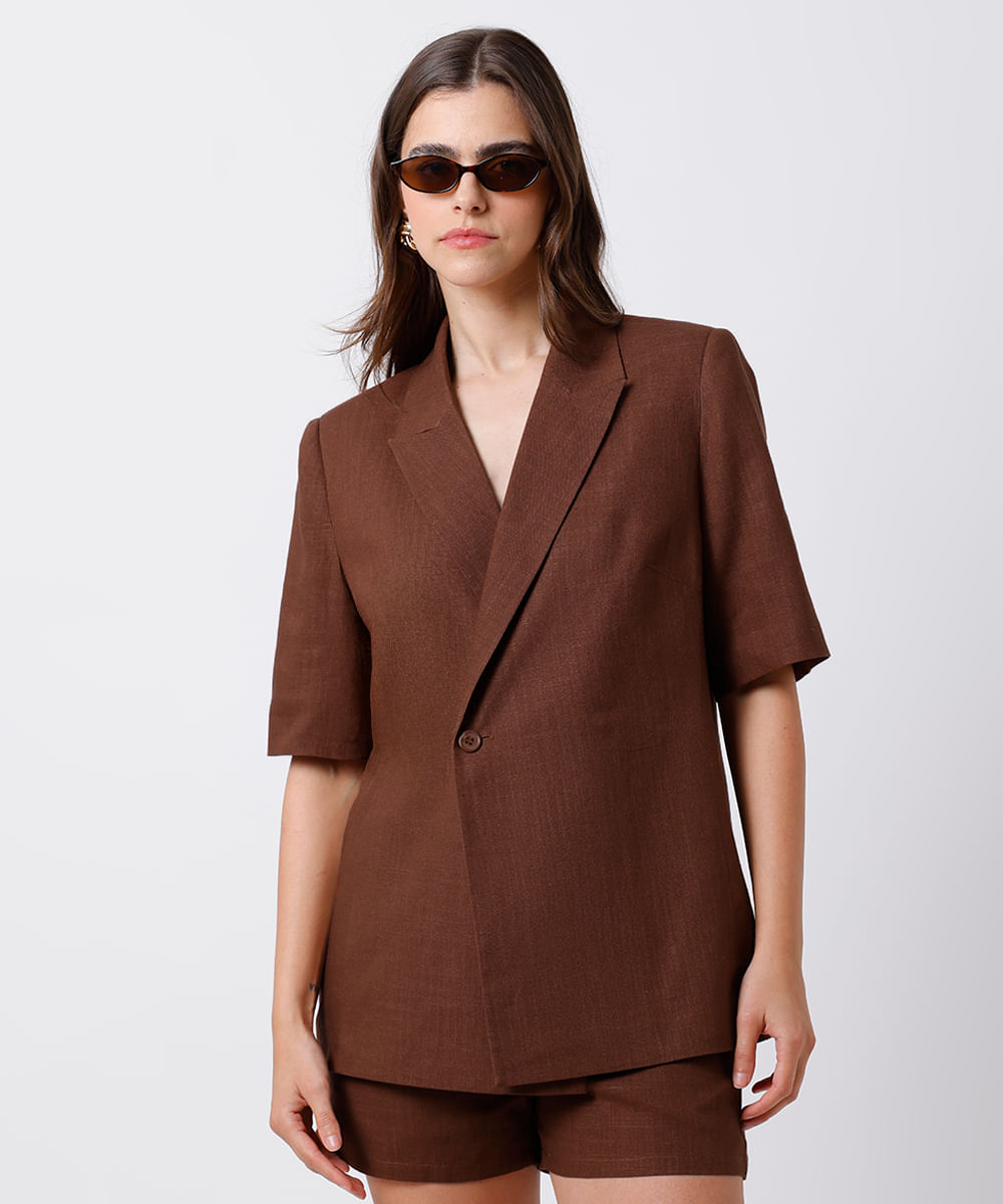 blazer feminino de alfataria com linho mindset marrom