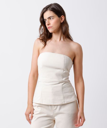blusa feminina de sarja sem alça com nervuras e fenda mindset off white P