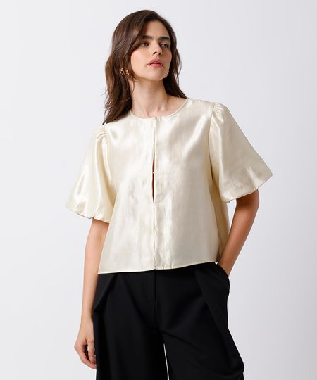 blusa feminina manga bufante acetinada mindset off white GG blusa feminina manga bufante acetinada mindset off white GG