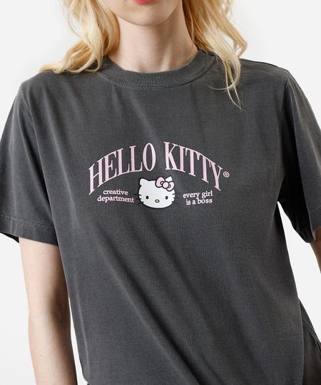 camiseta feminina de algodão hello kitty estonada cinza M camiseta feminina de algodão hello kitty estonada cinza M