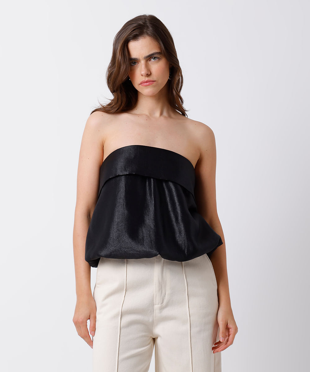 blusa feminina sem alça com laço acetinada mindset preta