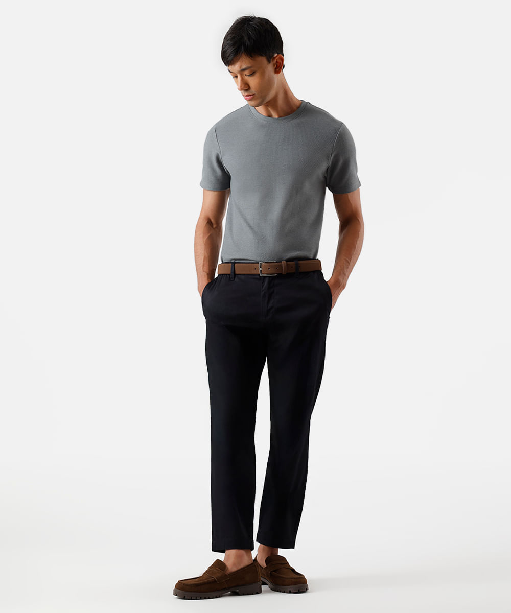 calça slim masculina de alfaiataria cós elástico preta