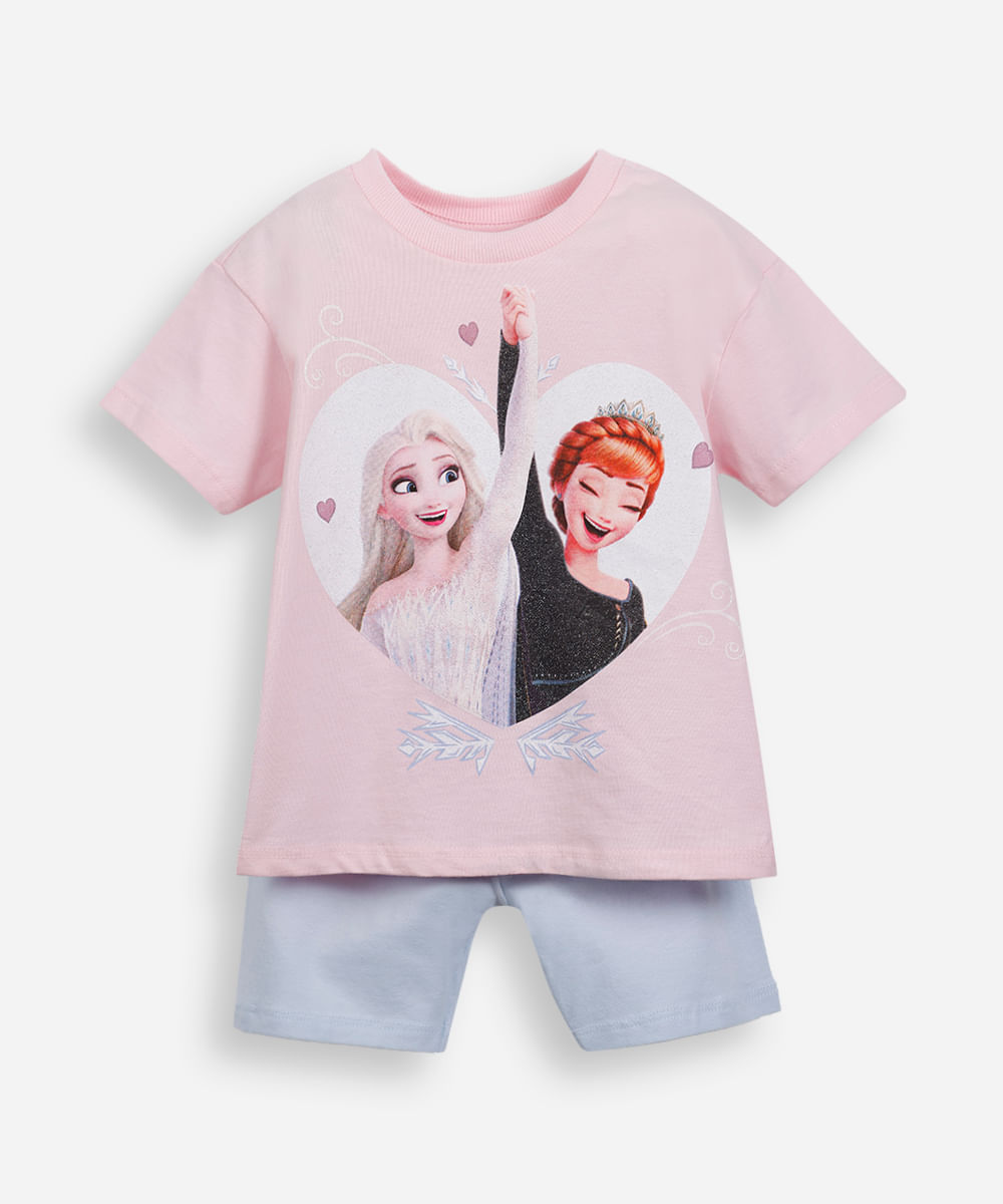 conjunto curto infantil de algodão frozen rosa