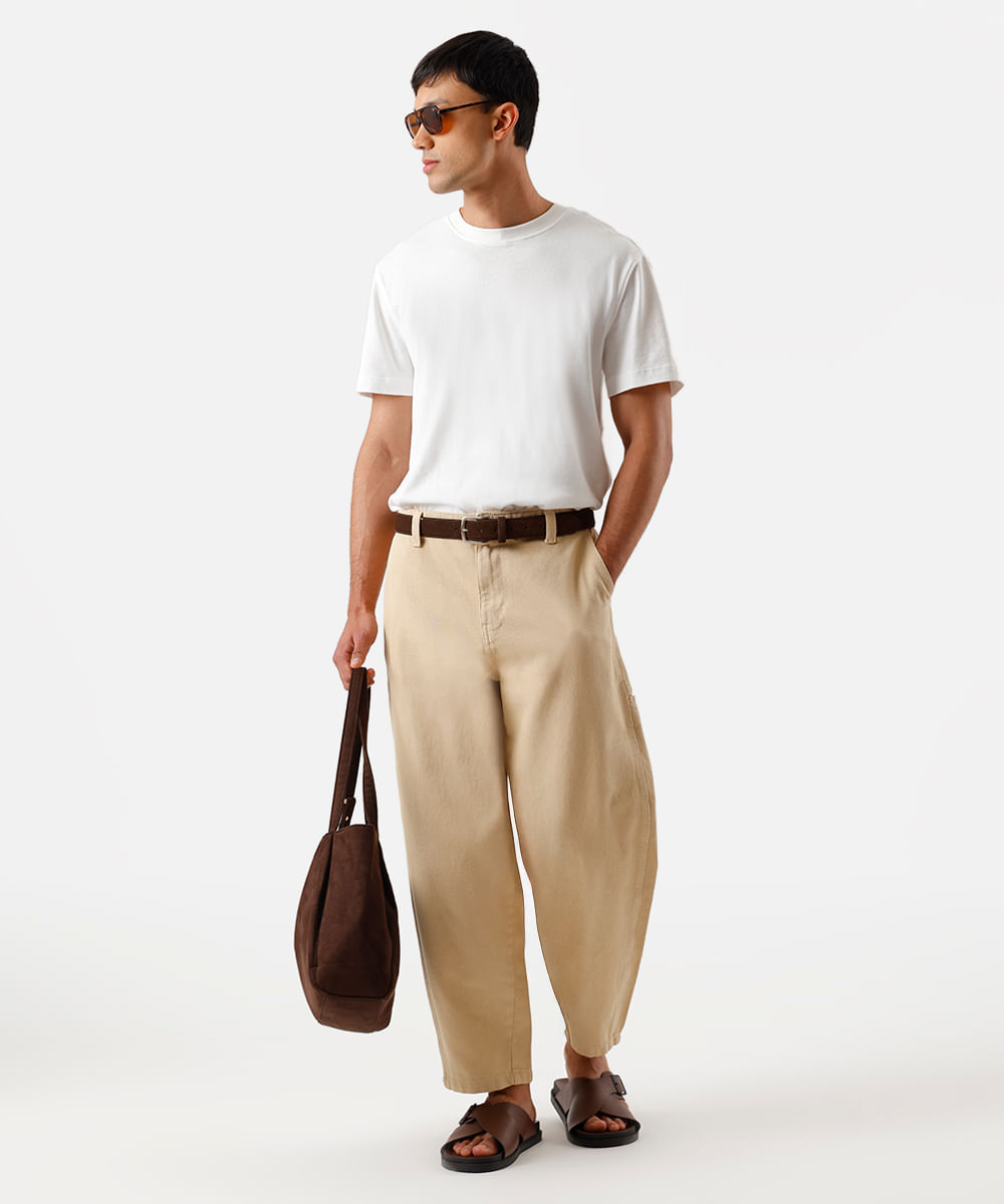 calça barrel masculina de sarja cós elástico bege