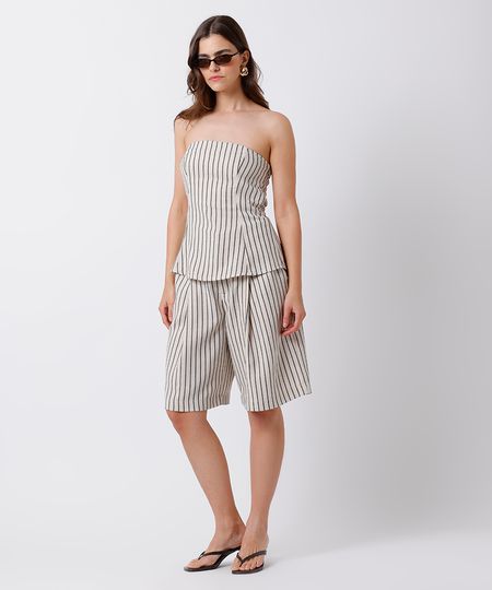 bermuda reta feminina de alfaiataria com linho e pregas listrada mindset off white 34