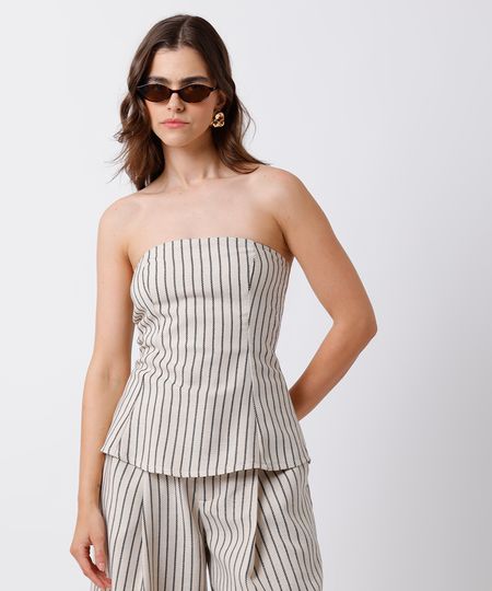 blusa peplum feminina com linho sem alça listrada mindset off white G blusa peplum feminina com linho sem alça listrada mindset off white G