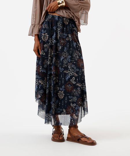 saia midi feminina de tule cós elástico floral azul PP saia midi feminina de tule cós elástico floral azul PP