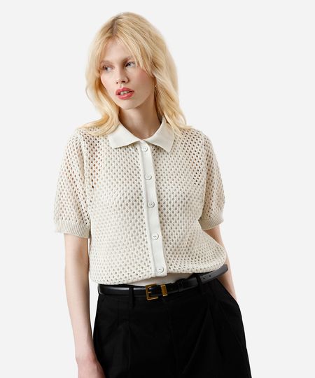 camisa feminina de tricot manga curta bege P