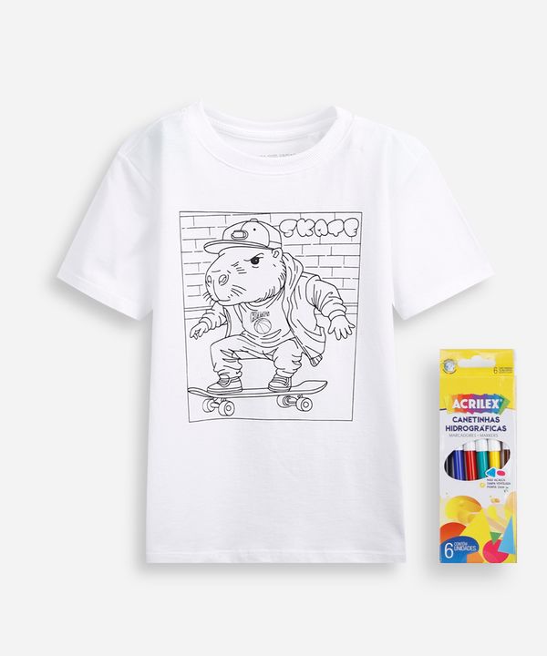 camiseta infantil de algodão capygoods com brinde canetinhas laváveis off white 10