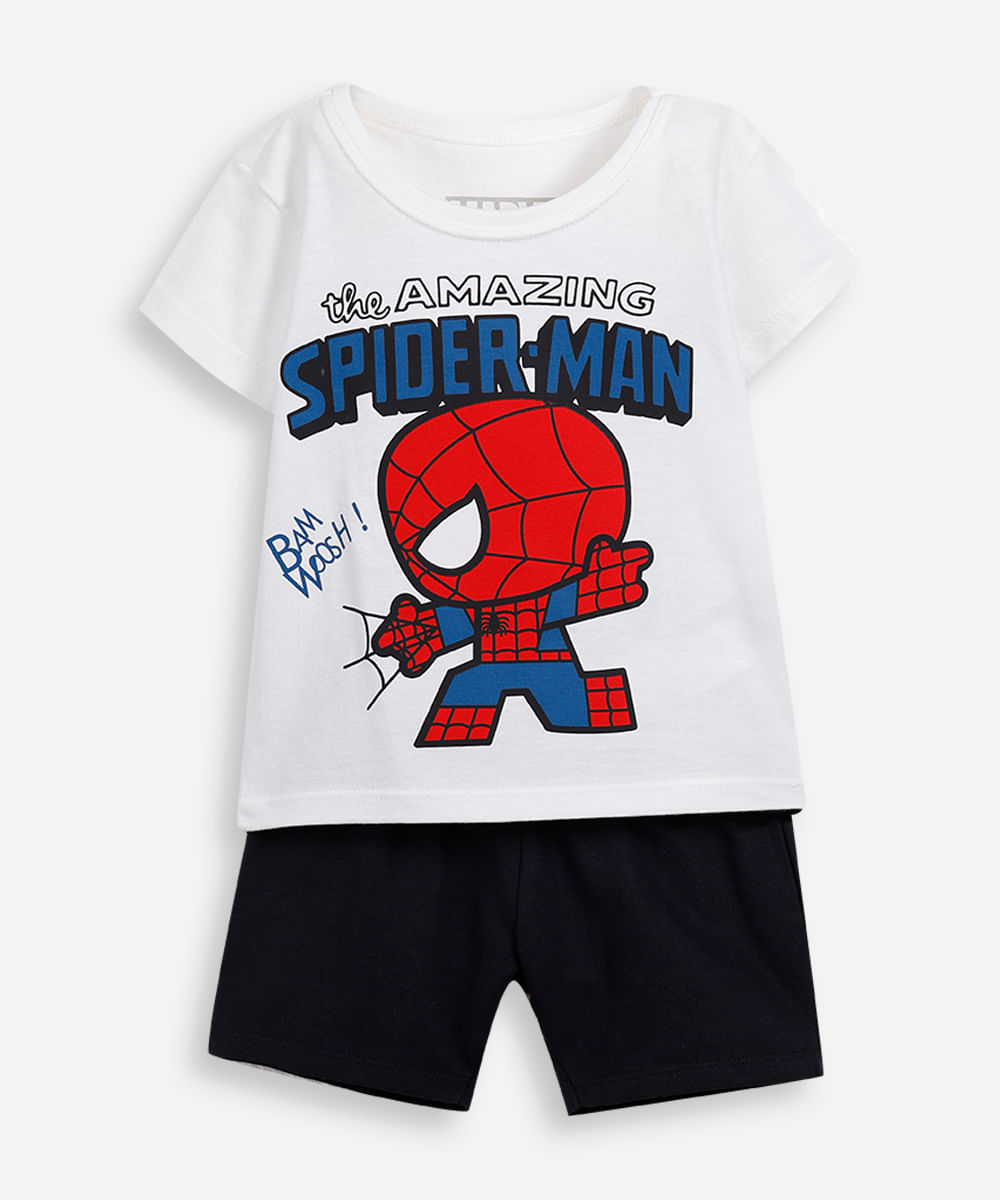 conjunto curto infantil de algodão homem aranha off white