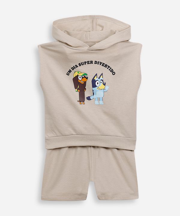 conjunto curto infantil de moletinho com capuz bluey bege 4