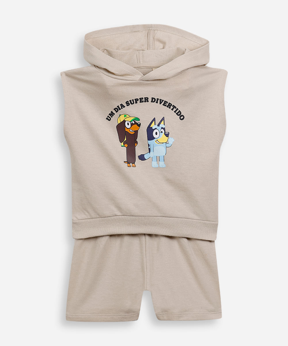 conjunto curto infantil de moletinho com capuz bluey bege