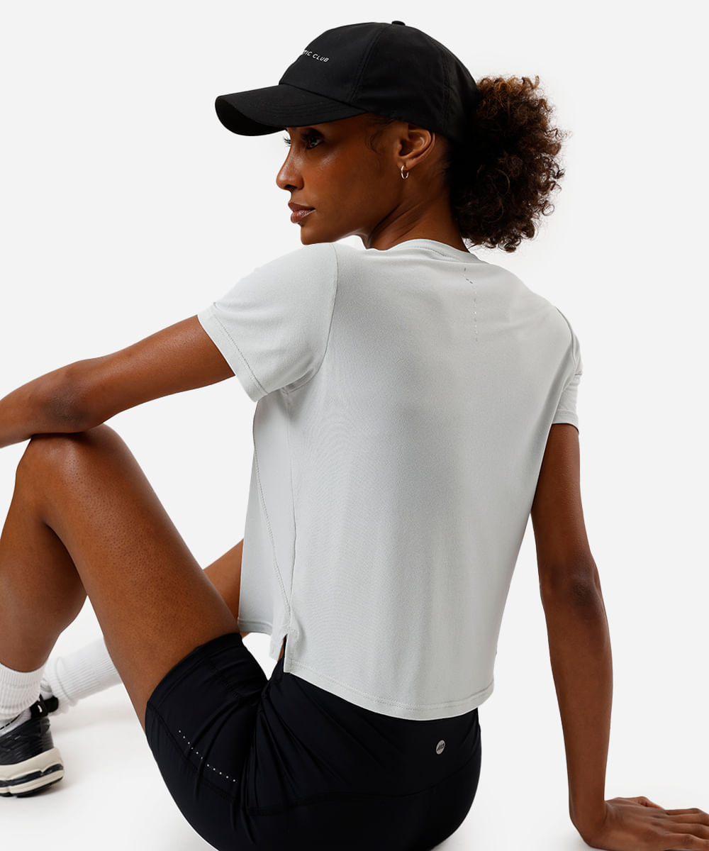 camiseta cropped feminina esportiva ace com recorte cinza