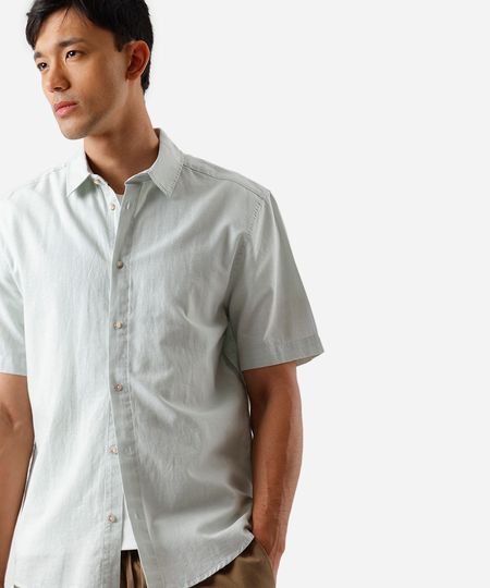 camisa comfort masculina com linho manga curta verde P