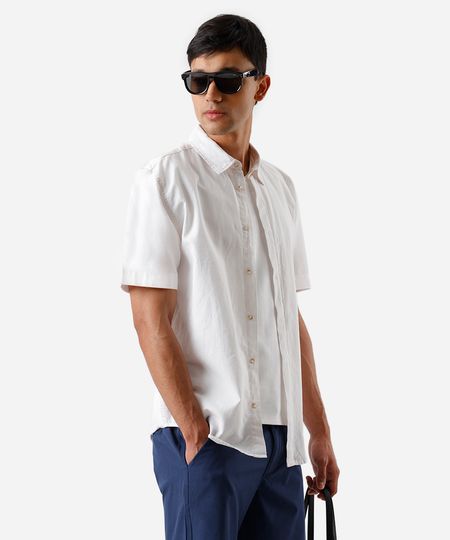 camisa comfort masculina com linho manga curta branca P camisa comfort masculina com linho manga curta branca P