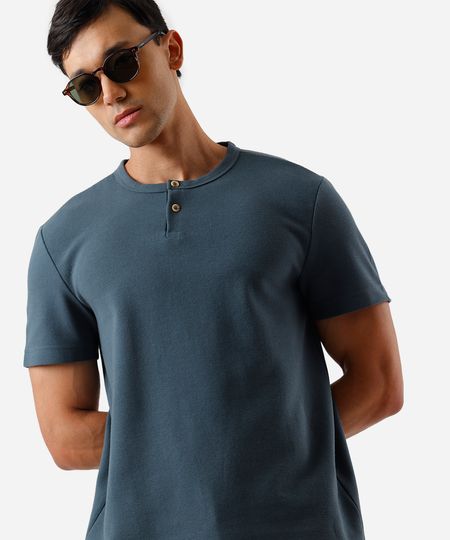 camiseta de algodão texturizada manga curta azul marinho M camiseta de algodão texturizada manga curta azul marinho M