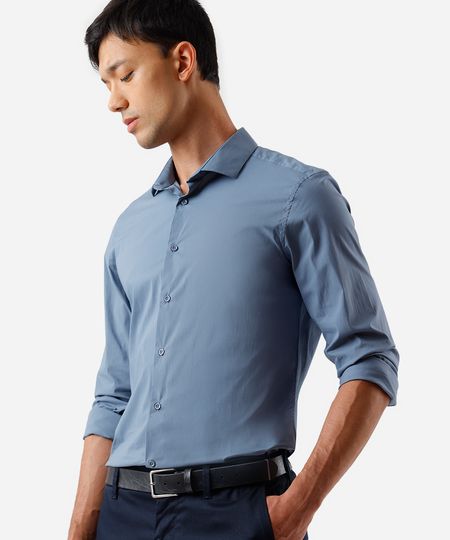 camisa slim masculina de algodão manga longa azul PP camisa slim masculina de algodão manga longa azul PP