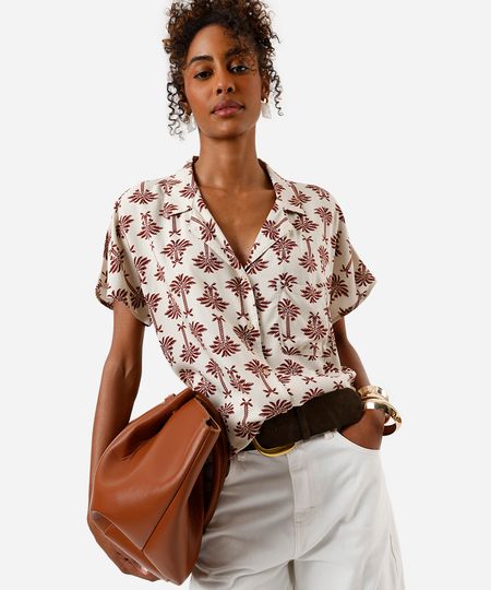 camisa feminina de viscose com bolso folhagens bege PP