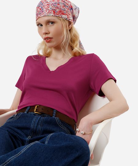 camiseta básica feminina manga curta decote v rosa GG