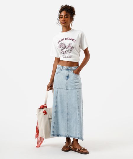 saia midi evasê feminina jeans com recorte cintura alta azul 34 saia midi evasê feminina jeans com recorte cintura alta azul 34