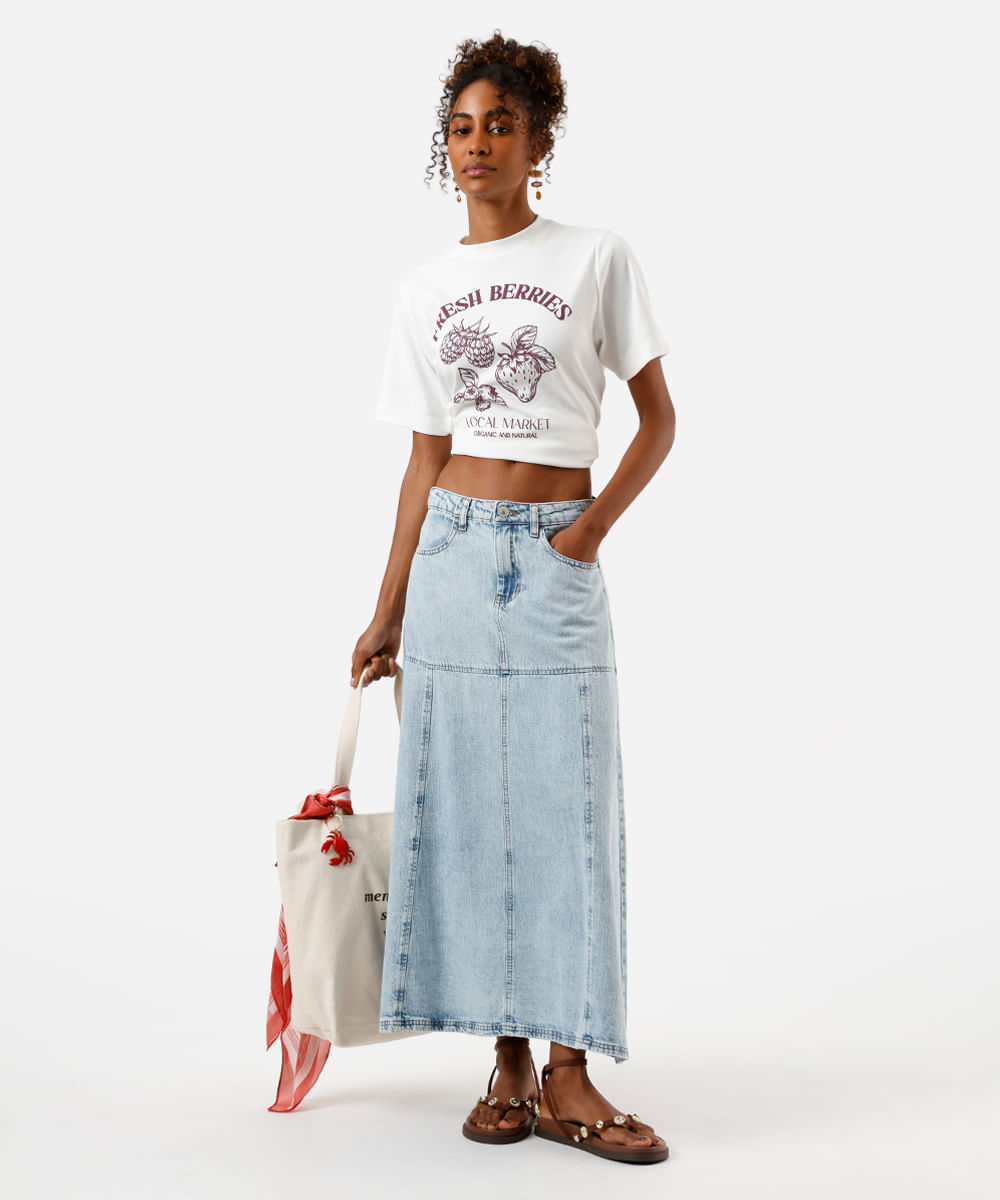 saia midi evasê feminina jeans com recorte cintura alta azul
