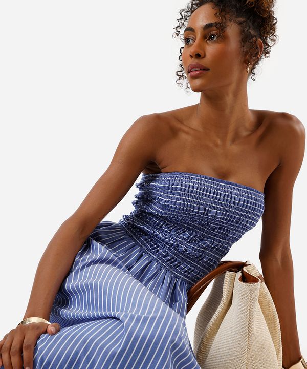 vestido midi feminino sem alça com lastex listrado azul G