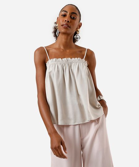 blusa feminina franzida alça fina acetinada bege PP