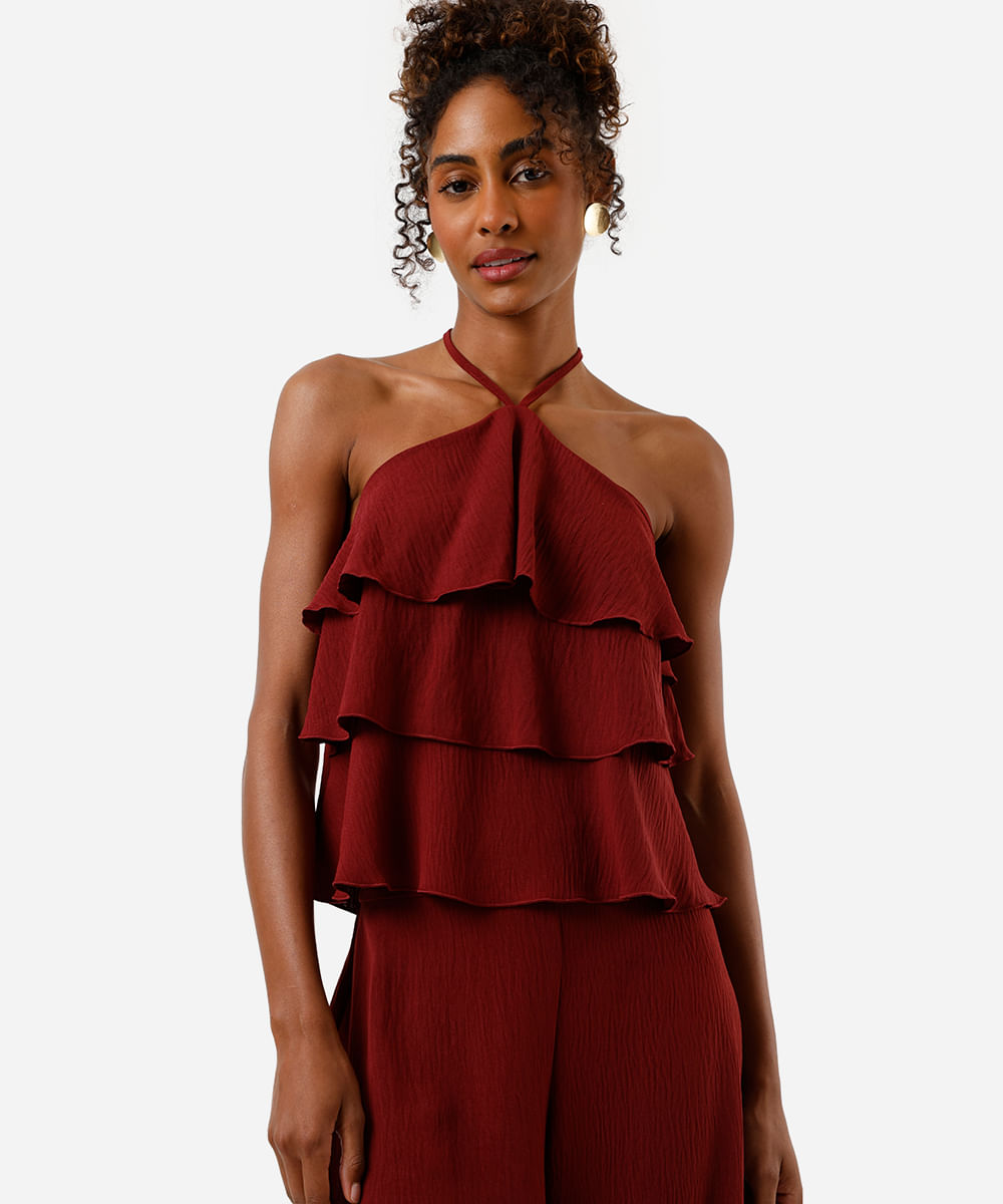 blusa frente única feminina com babados texturizada vinho