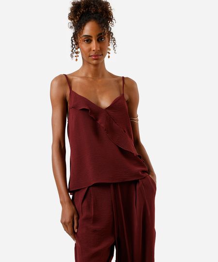 blusa feminina alça fina texturizada com babado vinho PP blusa feminina alça fina texturizada com babado vinho PP