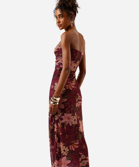 vestido midi feminino de tule sem alça floral franzido vinho PP vestido midi feminino de tule sem alça floral franzido vinho PP