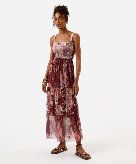vestido midi feminino de tule com recortes floral vinho P vestido midi feminino de tule com recortes floral vinho P
