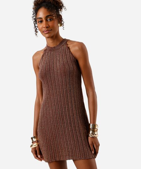 vestido curto feminino halterneck com lurex canelado marrom GG vestido curto feminino halterneck com lurex canelado marrom GG